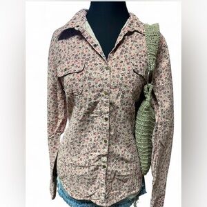 Y2K Vtg Pink Floral Corduroy Button Up Layering Cottage Core Top Bellaswan L 00s